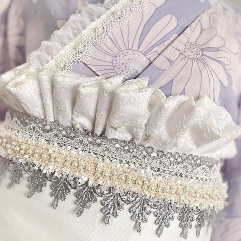 フリル帯揚げ　高級金の刺繍入りレース帯揚げ成人式振袖　帯揚げ花柄卒業式袴　浴衣着物　帯飾 - Erii 和装小物店