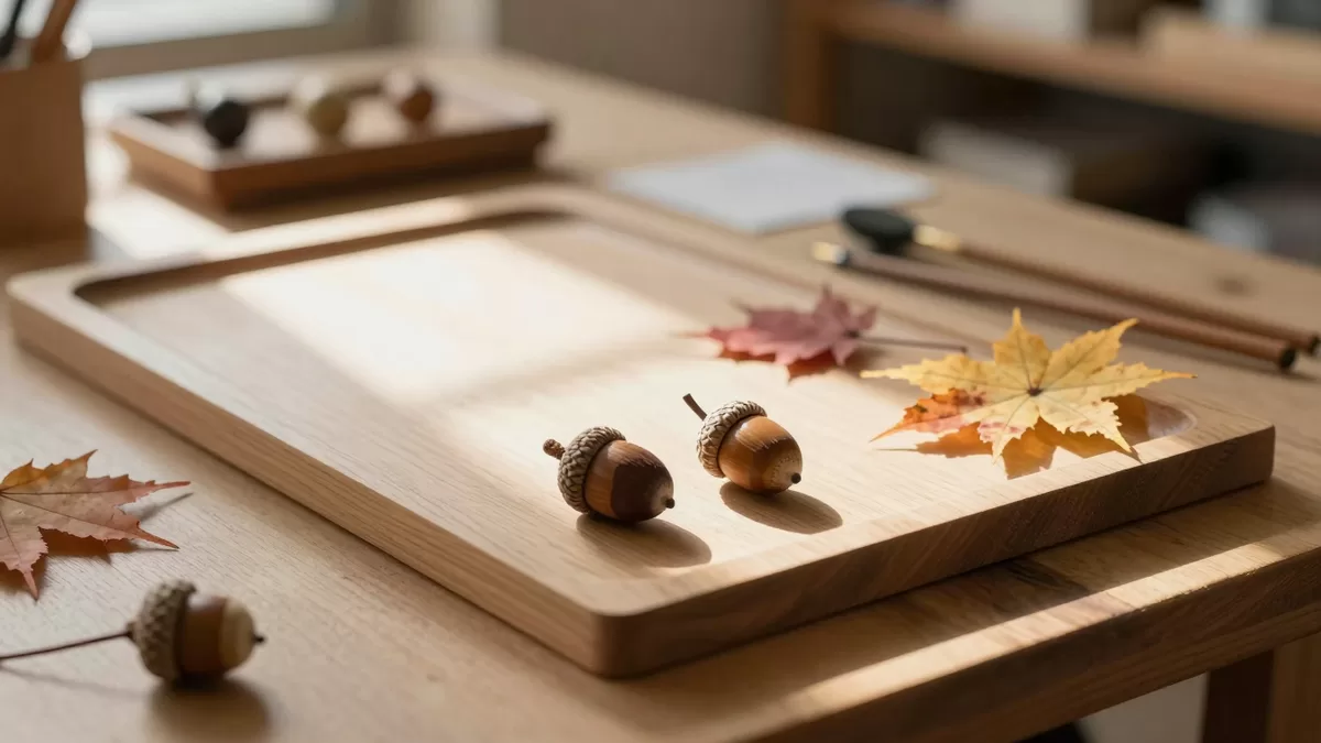 木のトレイに並べた帯留め作品と紅葉、どんぐりの小物