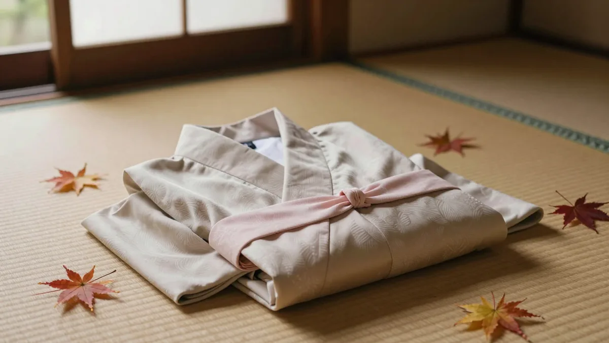 畳の上に置いた淡いベージュの着物と薄桃色の帯、散らした紅葉の葉