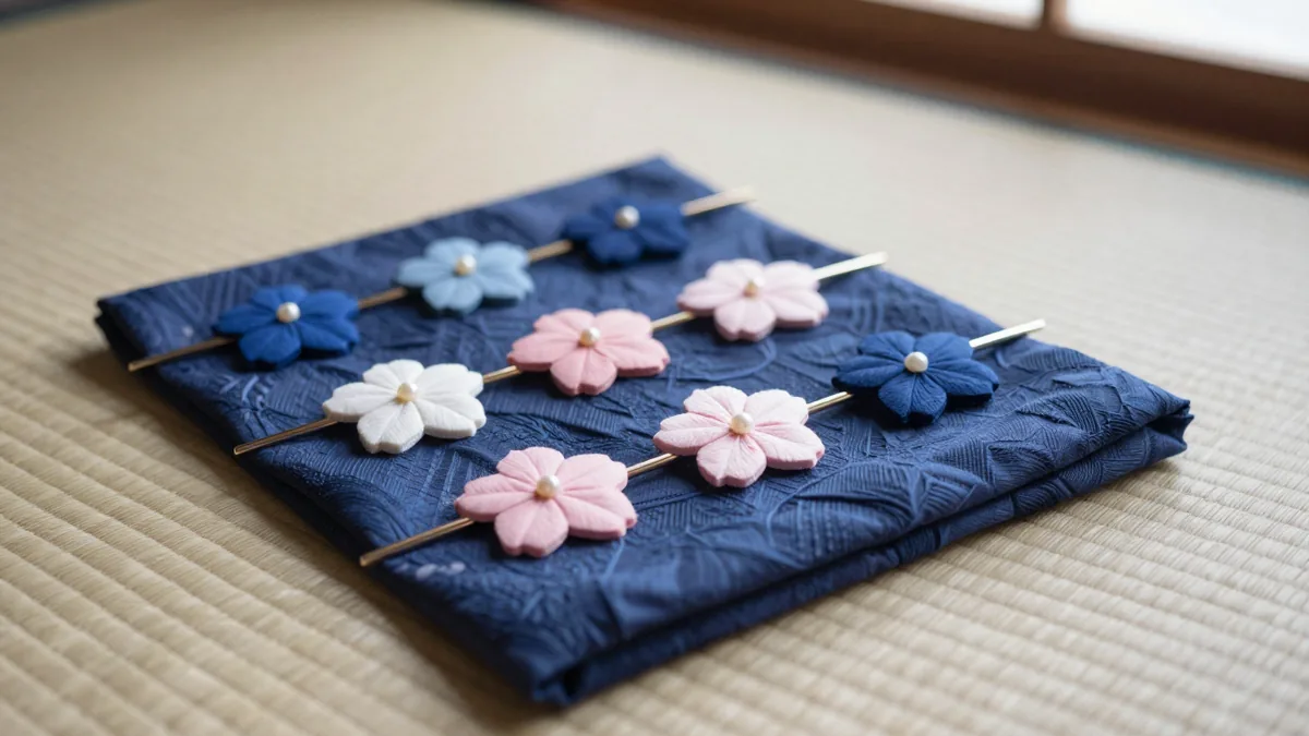 つまみ細工の小さな花の髪飾りピンを藍色の浴衣地の上に並べた様子