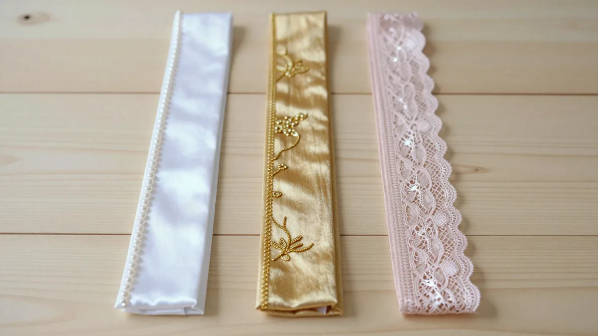 木の台に並べた細長い重ね襟3本。左から白にパールの縁取り、金糸の刺繍入りの金色、淡いピンクのレース