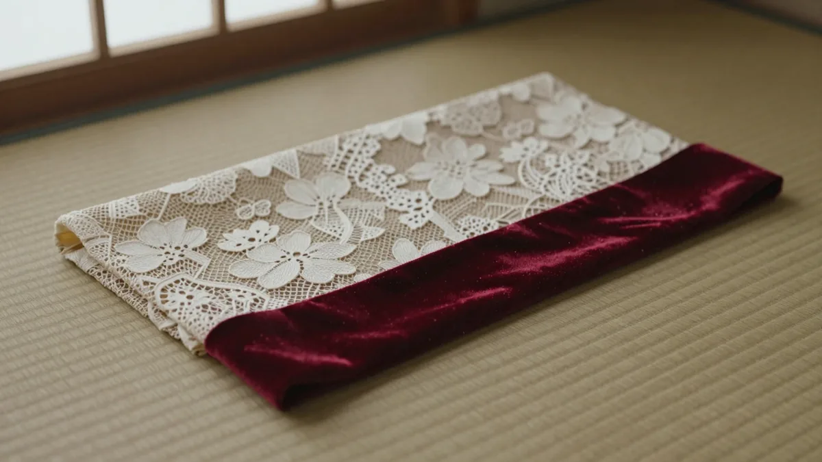畳の上に置いた白い花柄の透かし模様の布と、えんじ色の起毛した布